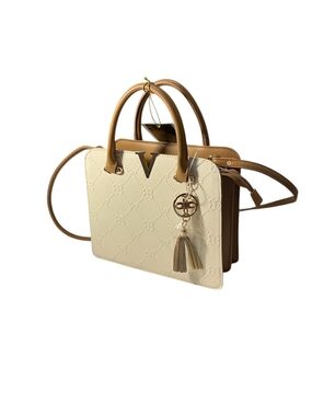 Cream & Tan Structured Top-Handle Satchel with Tassel Charm